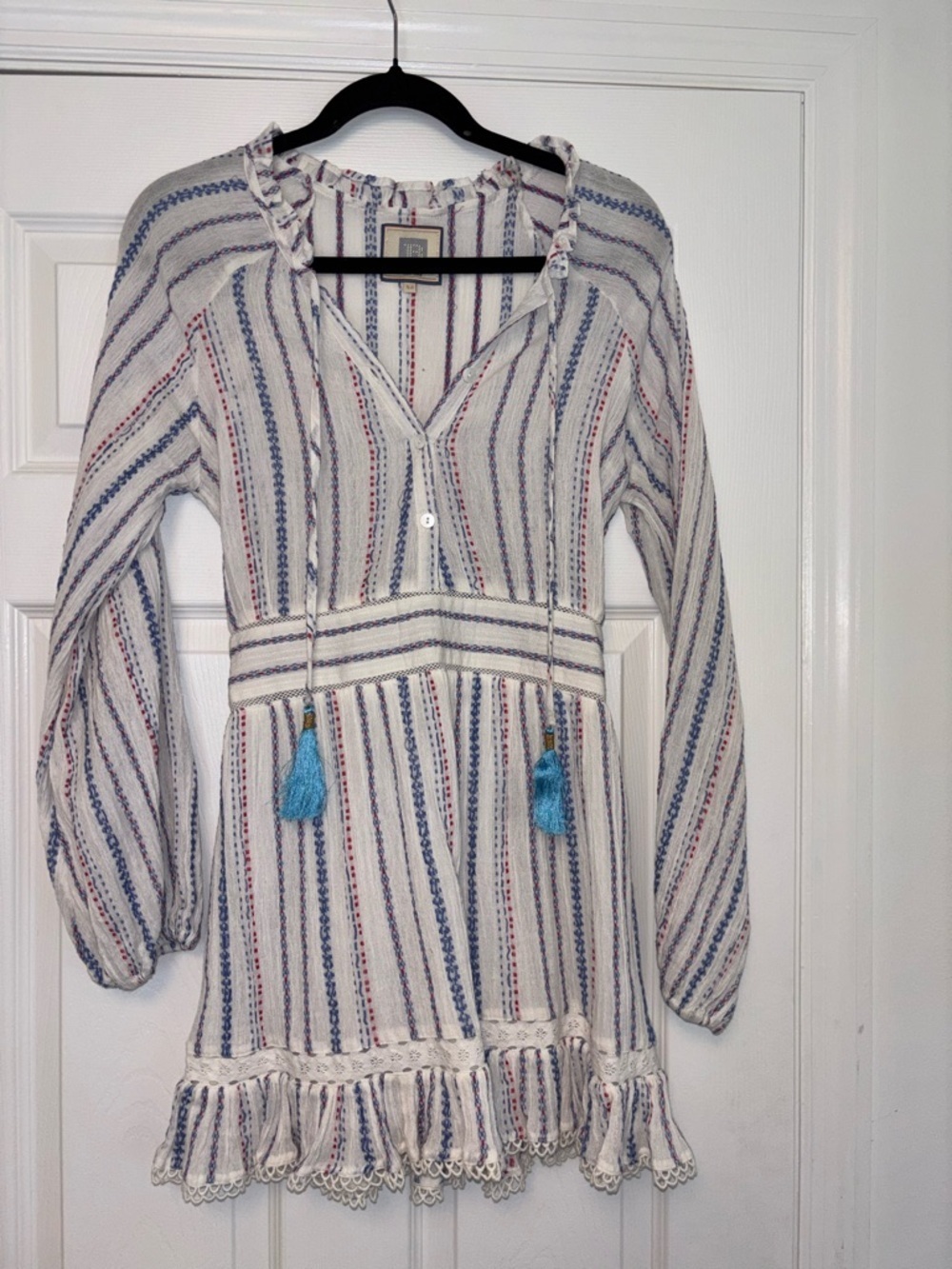 Alicia Bell Striped Tassel Mini Dress XS Dress Boho Gauze Beach Coverup